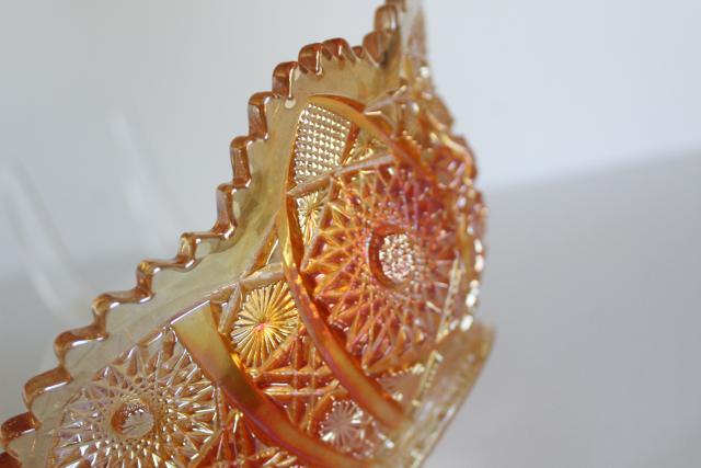 photo of vintage daisy and button pattern glass bowl, marigold orange luster carnival glass #5