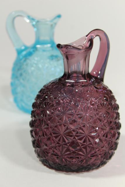 photo of vintage daisy & button pattern glass cruets, blue and amethyst colored glass #1