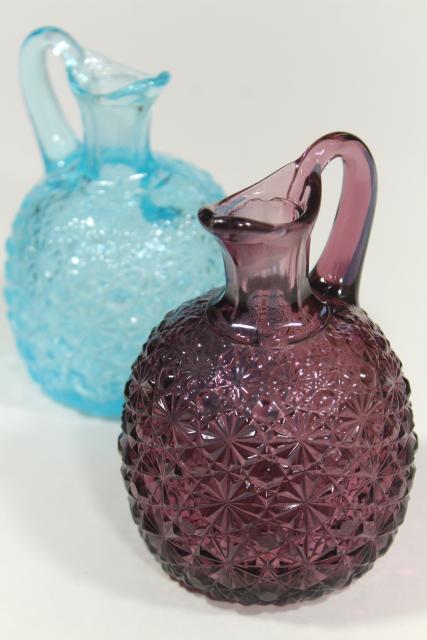 photo of vintage daisy & button pattern glass cruets, blue and amethyst colored glass #2