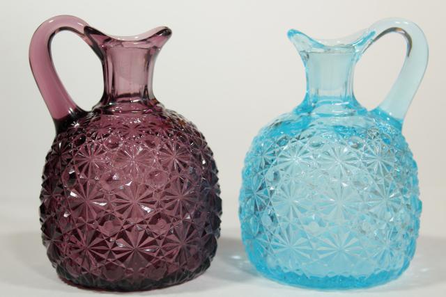 photo of vintage daisy & button pattern glass cruets, blue and amethyst colored glass #3