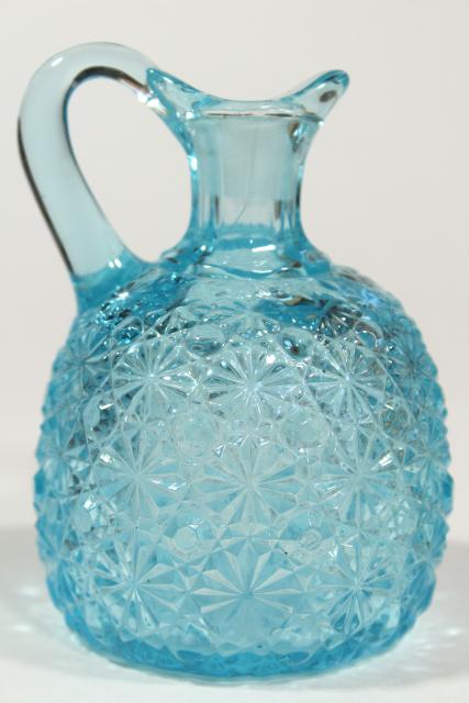 photo of vintage daisy & button pattern glass cruets, blue and amethyst colored glass #4