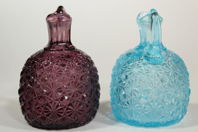 photo of vintage daisy & button pattern glass cruets, blue and amethyst colored glass #8