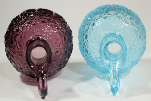 photo of vintage daisy & button pattern glass cruets, blue and amethyst colored glass #9