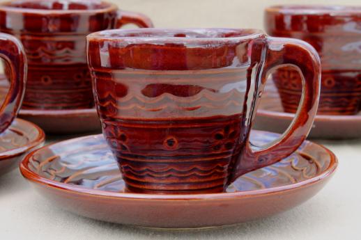 photo of vintage daisy dot brown Marcrest stoneware pottery, cups & saucers set of 6 #2