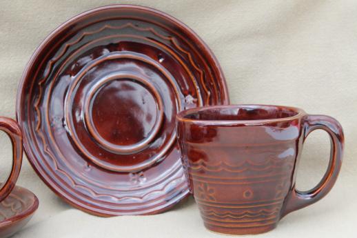 photo of vintage daisy dot brown Marcrest stoneware pottery, cups & saucers set of 6 #3