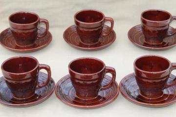 catalog photo of vintage daisy dot brown Marcrest stoneware pottery, cups & saucers set of 6