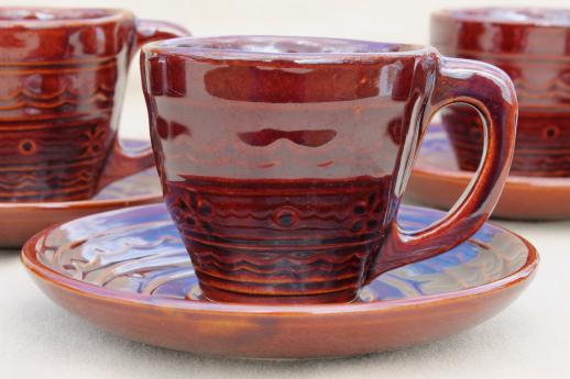 photo of vintage daisy dot brown Marcrest stoneware pottery, cups & saucers set of 6 #2