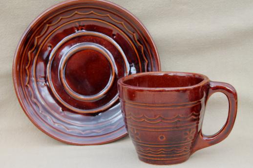 photo of vintage daisy dot brown Marcrest stoneware pottery, cups & saucers set of 6 #3