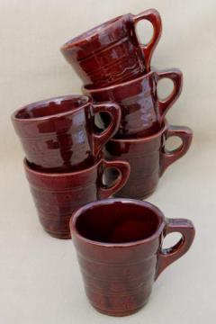 catalog photo of vintage daisy dot brown Marcrest stoneware pottery, ring handle cups or coffee mugs