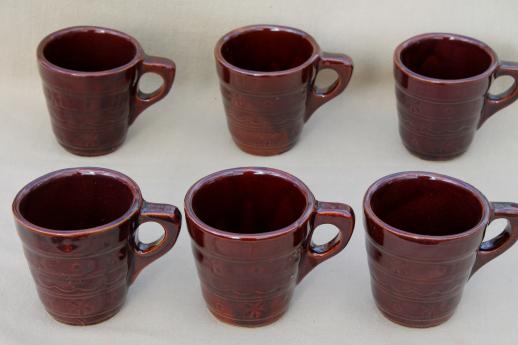 photo of vintage daisy dot brown Marcrest stoneware pottery, ring handle cups or coffee mugs #1