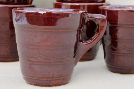 photo of vintage daisy dot brown Marcrest stoneware pottery, ring handle cups or coffee mugs #2