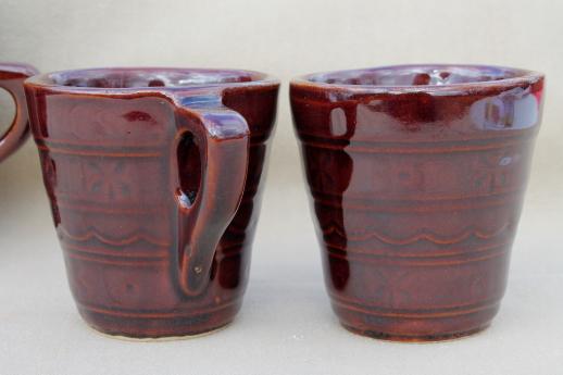 photo of vintage daisy dot brown Marcrest stoneware pottery, ring handle cups or coffee mugs #3