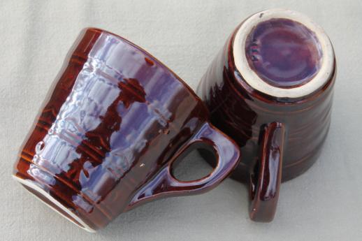 photo of vintage daisy dot brown Marcrest stoneware pottery, ring handle cups or coffee mugs #6