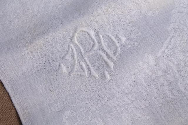 photo of vintage damask cloth napkins embroidered w/ R monogram, cotton or linen damask table linens #3