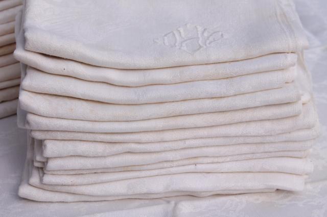 photo of vintage damask cloth napkins embroidered w/ R monogram, cotton or linen damask table linens #6