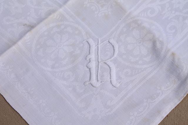 photo of vintage damask cloth napkins embroidered w/ R monogram, cotton or linen damask table linens #8