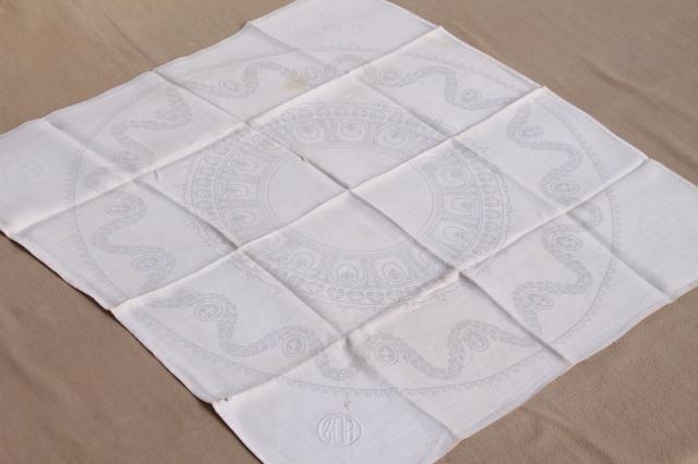 photo of vintage damask cloth napkins embroidered w/ R monogram, cotton or linen damask table linens #10