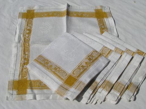 photo of vintage damask luncheon or dinner napkins, yellow gold jacquard border #4