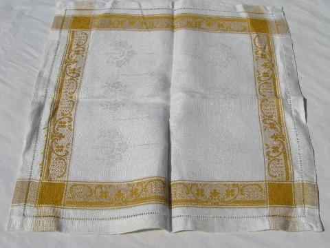 photo of vintage damask luncheon or dinner napkins, yellow gold jacquard border #5