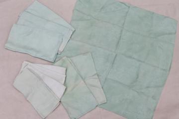 catalog photo of vintage damask napkins, pastel colored linen damask fabric in mint green & pale jade 