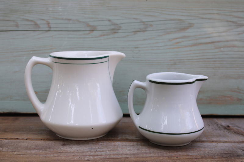 photo of vintage dark green band white ironstone china pitchers, big & little chunky creamers #1