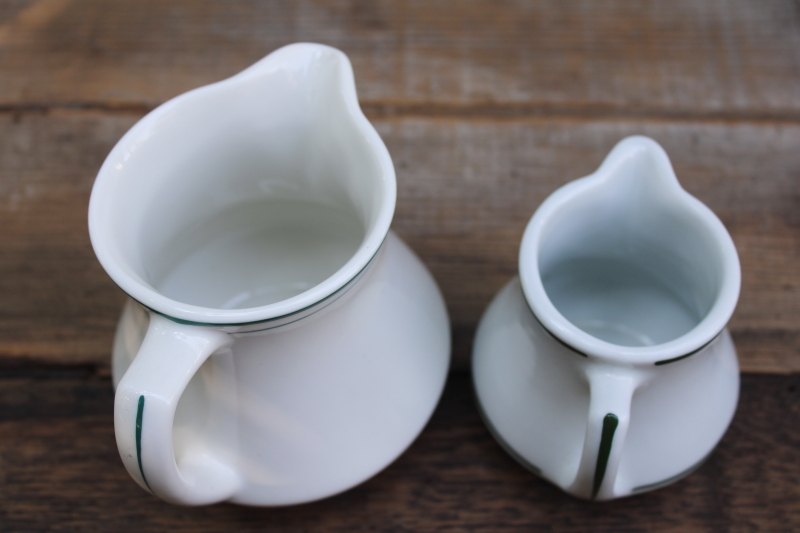 photo of vintage dark green band white ironstone china pitchers, big & little chunky creamers  #2