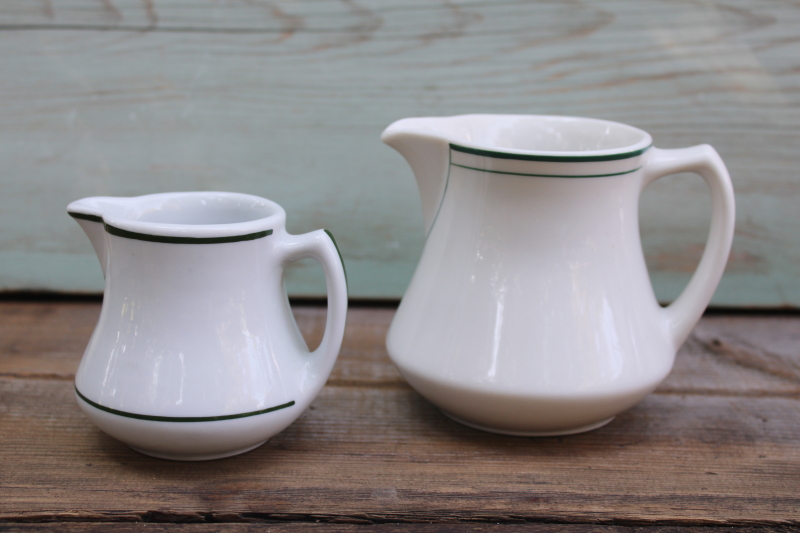 photo of vintage dark green band white ironstone china pitchers, big & little chunky creamers  #3