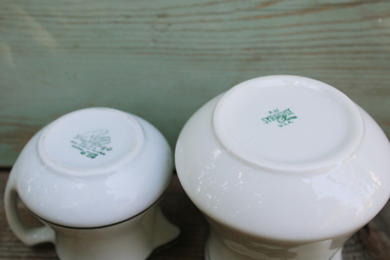 photo of vintage dark green band white ironstone china pitchers, big & little chunky creamers  #5