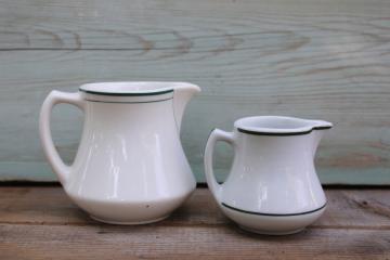 catalog photo of vintage dark green band white ironstone china pitchers, big & little chunky creamers 