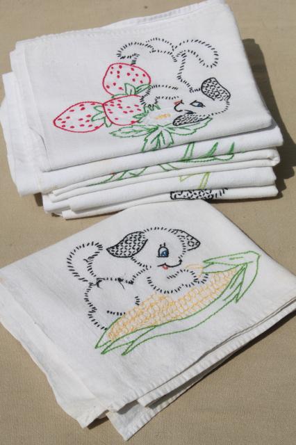 photo of vintage days of the week embroidered cotton flour sack towels, puppies w/ fruit & veggies #1