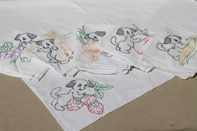 photo of vintage days of the week embroidered cotton flour sack towels, puppies w/ fruit & veggies #2