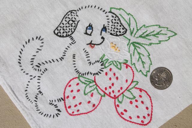 photo of vintage days of the week embroidered cotton flour sack towels, puppies w/ fruit & veggies #4