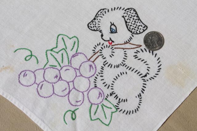 photo of vintage days of the week embroidered cotton flour sack towels, puppies w/ fruit & veggies #5