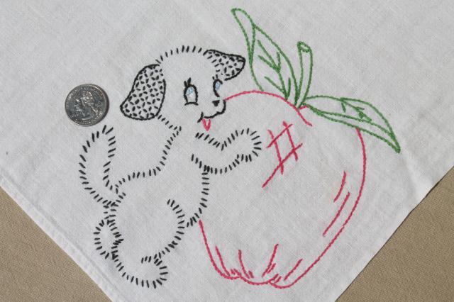 photo of vintage days of the week embroidered cotton flour sack towels, puppies w/ fruit & veggies #8