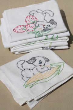 catalog photo of vintage days of the week embroidered cotton flour sack towels, puppies w/ fruit & veggies