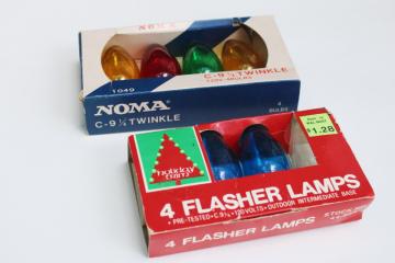 vintage deadstock Christmas light bulbs, NOMA twinkle & flasher bulbs C9 big bulbs new in pkgs 