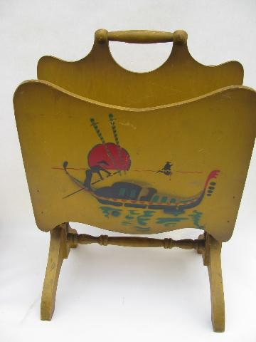 photo of vintage deco moderne magazine rack, chinese junk airbrush stencil, red & black on gold #1