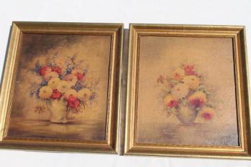 catalog photo of vintage decorator prints, french style floral still-life pictures in gold wood frames