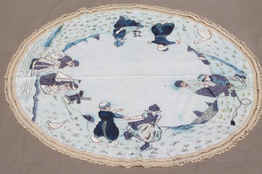 photo of vintage delft blue tinted embroidery, Holland dutch embroidered cotton centerpiece cloth doily #1