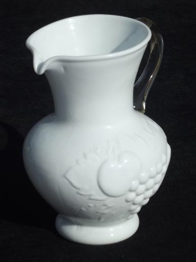 photo of vintage della robbia embossed fruit milk glass pitcher, clear applied handle #2