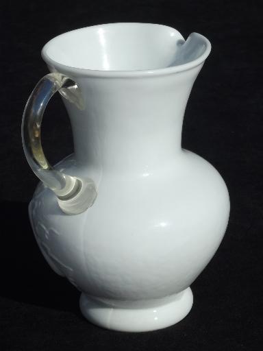 photo of vintage della robbia embossed fruit milk glass pitcher, clear applied handle #3