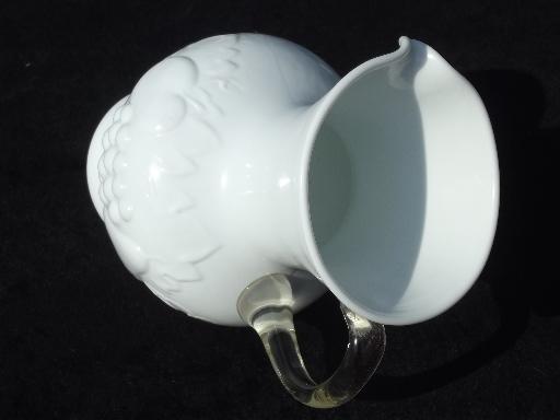 photo of vintage della robbia embossed fruit milk glass pitcher, clear applied handle #4