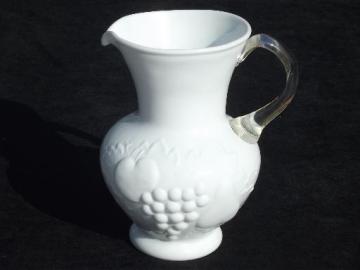 catalog photo of vintage della robbia embossed fruit milk glass pitcher, clear applied handle