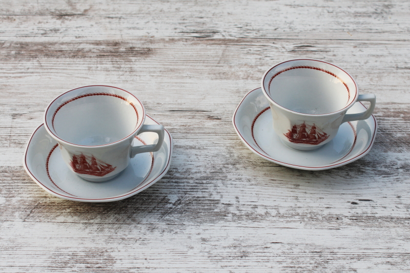 photo of vintage demitasse cups and saucers, tiny tea or coffee cups Wedgwood Flying Cloud sailing ships colonial style  #1