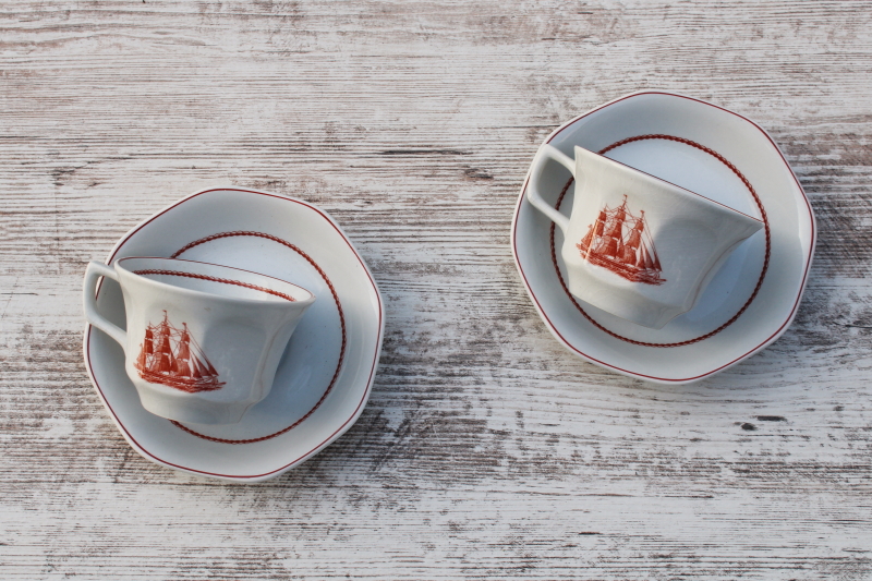 photo of vintage demitasse cups and saucers, tiny tea or coffee cups Wedgwood Flying Cloud sailing ships colonial style  #3
