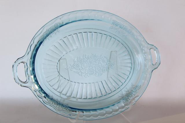 photo of vintage depression glass Mayfair open rose oval platter or tray, Anchor Hocking blue #1