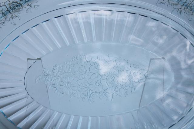 photo of vintage depression glass Mayfair open rose oval platter or tray, Anchor Hocking blue #3