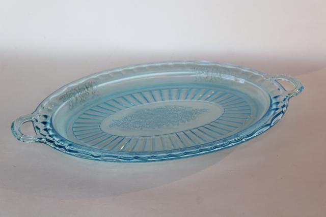 photo of vintage depression glass Mayfair open rose oval platter or tray, Anchor Hocking blue #4