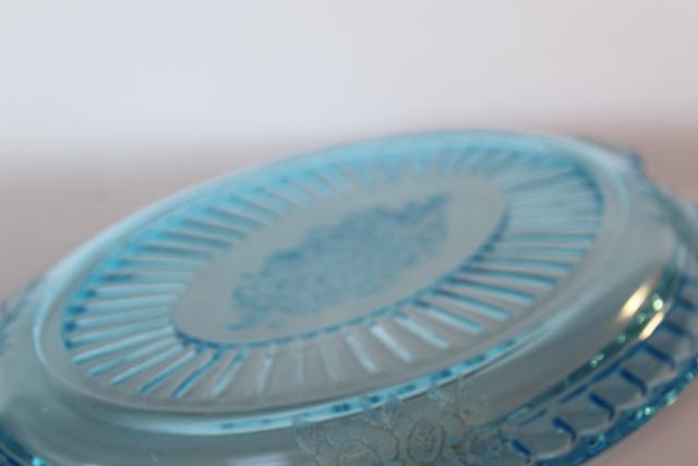 photo of vintage depression glass Mayfair open rose oval platter or tray, Anchor Hocking blue #6