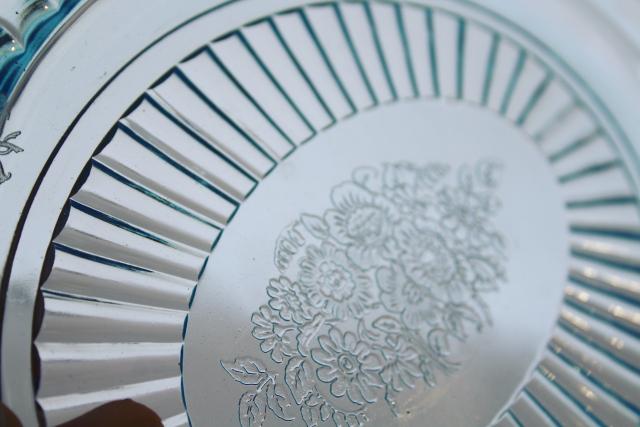 photo of vintage depression glass Mayfair open rose oval platter or tray, Anchor Hocking blue #7